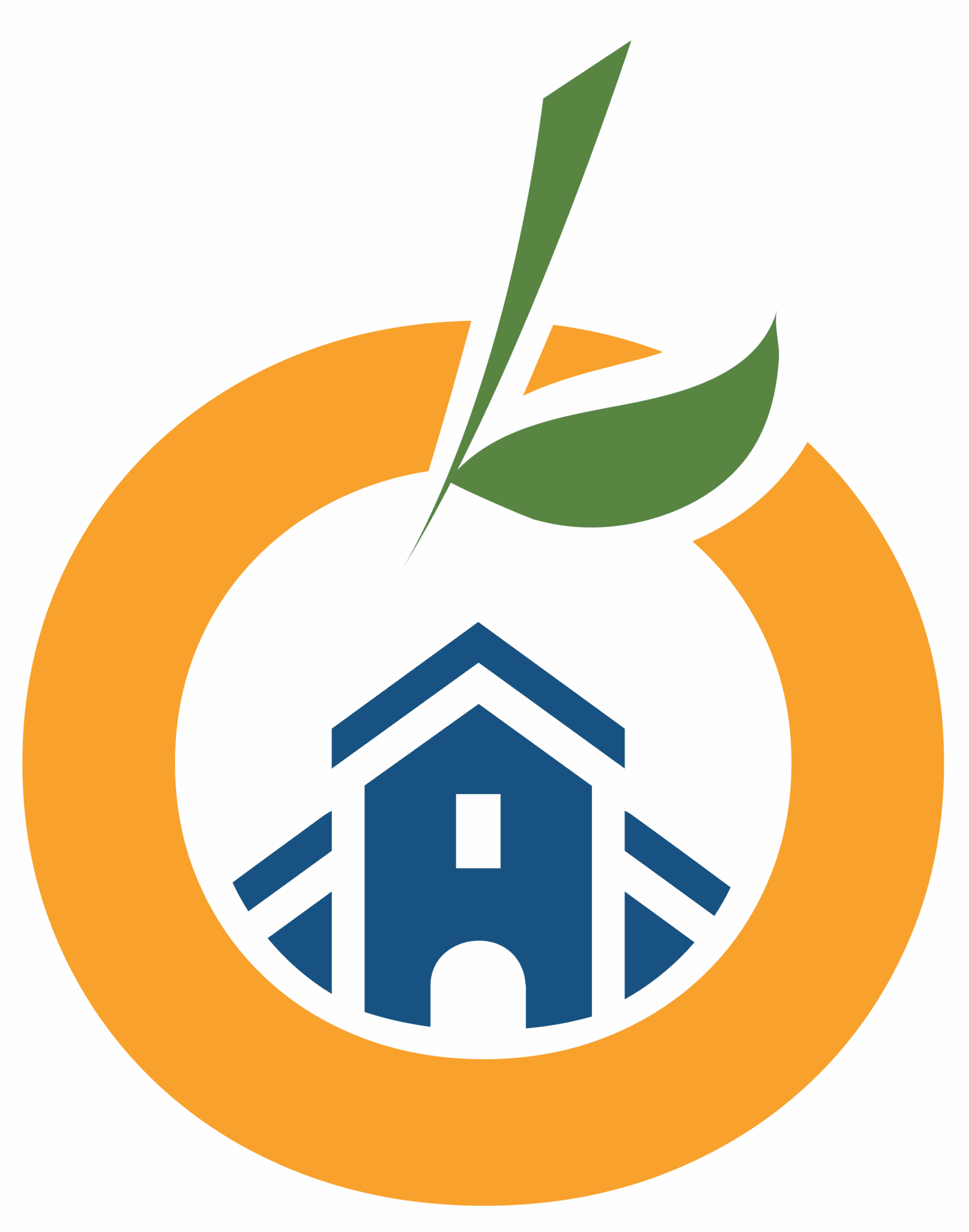 Logo with an orange circle, a house, and green leaves.
