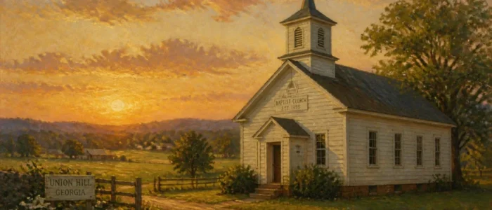 White country church at golden sunset