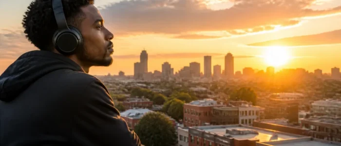 Man with headphones overlooking city skyline at sunset
